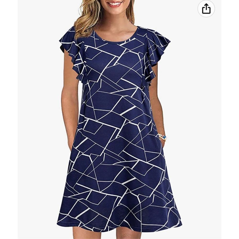 NEW Summer Casual Dress Ruffle Sleeve Swing Dress Pockets M
